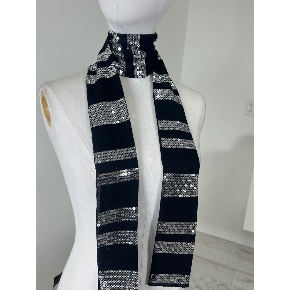 Black Knit Scarf with Silver Sequin Stripes Glam Evening Sparkle Wrap